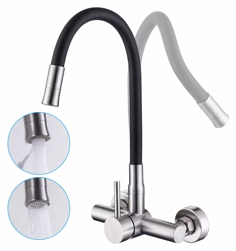 Rubinetto da cucina a parete con beccuccio flessibile e 2 getti d'acqua