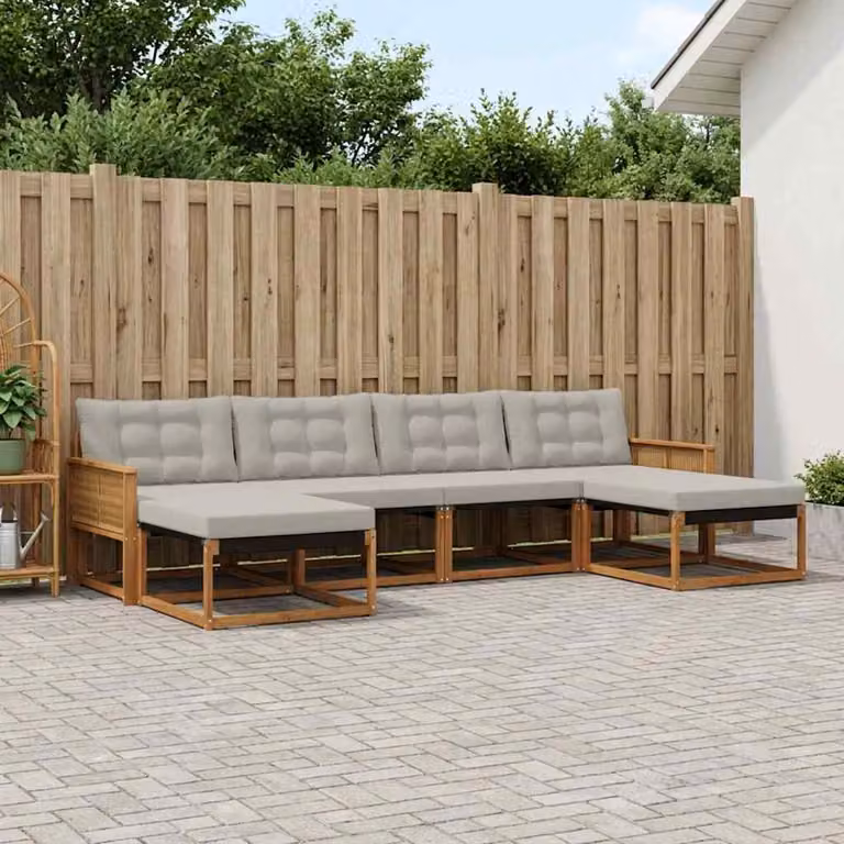 Set di divani da esterno vidaXL a forma di L composto da 6 pezzi in legno di acacia con cuscini in tessuto textilene, colori beige, grigio e marrone
