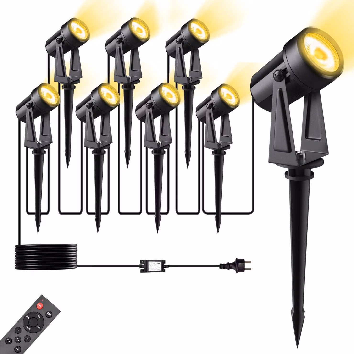 Set di 8 luci da giardino a LED, luce bianco caldo, 2400 lumen, con telecomando