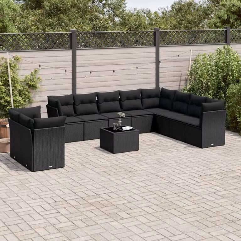 vidaXL Set Divani da Giardino a Forma di U composto da 11 Pezzi con Cuscini e Tavolino da Esterno in Polyrattan Nero