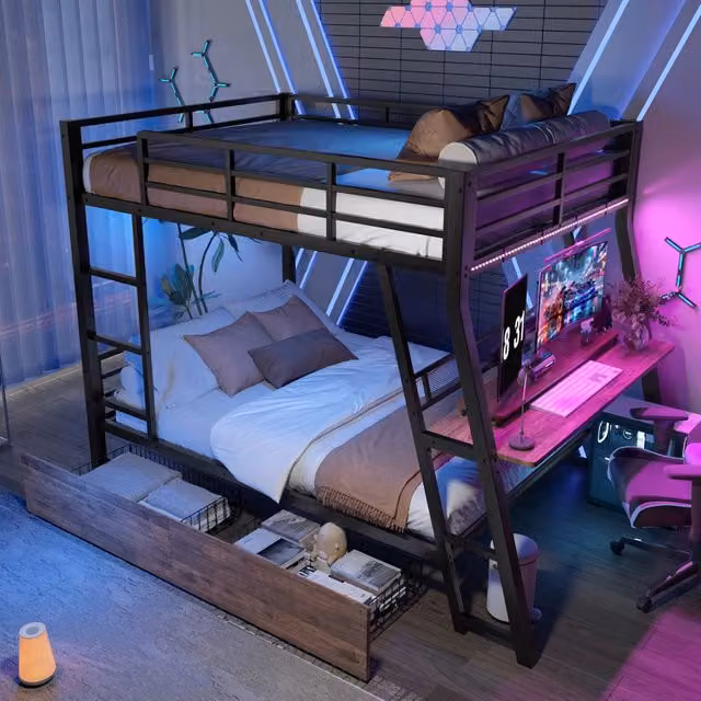 Letto a soppalco 140 × 200 cm 2 posti con scrivania, 2 cassetti e LED regolabile, senza materasso, nero