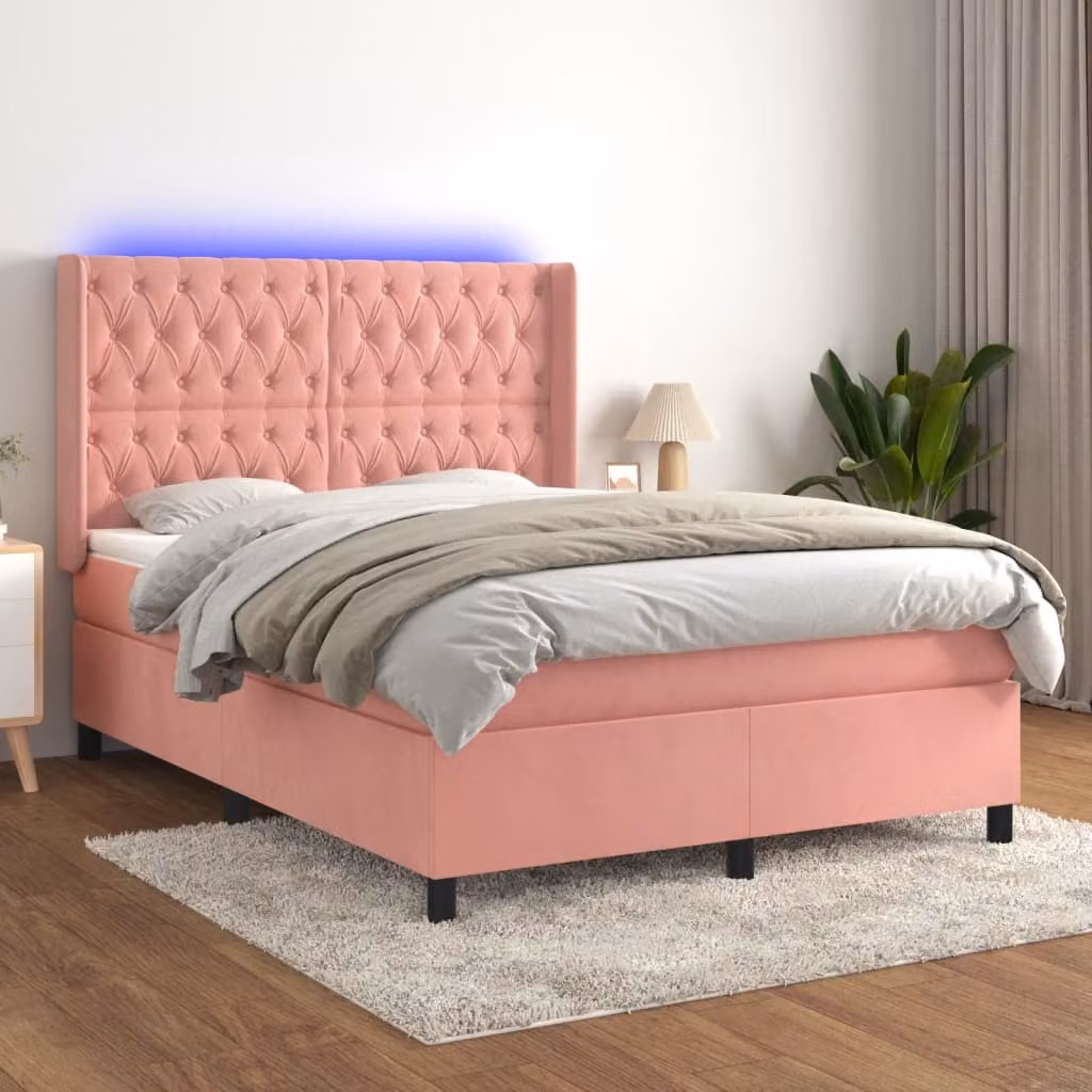 Letto Ibrido con Materasso e LED vidaXL in Velluto Rosa e Bianco L/P/H: 200 x 140 x 147 cm – 1