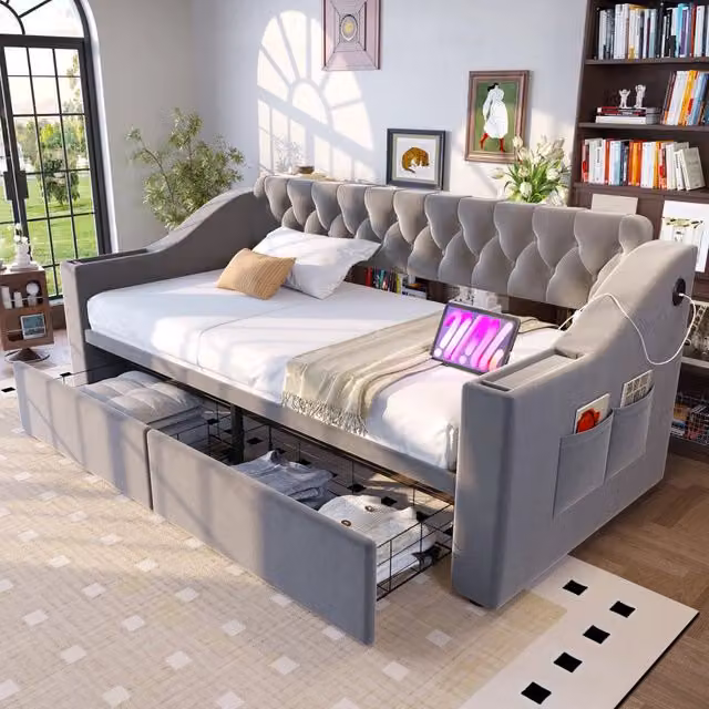Letto divano singolo 90×190 cm con 2 cassetti, USB e connettore Type-C, braccioli con vani, senza materasso