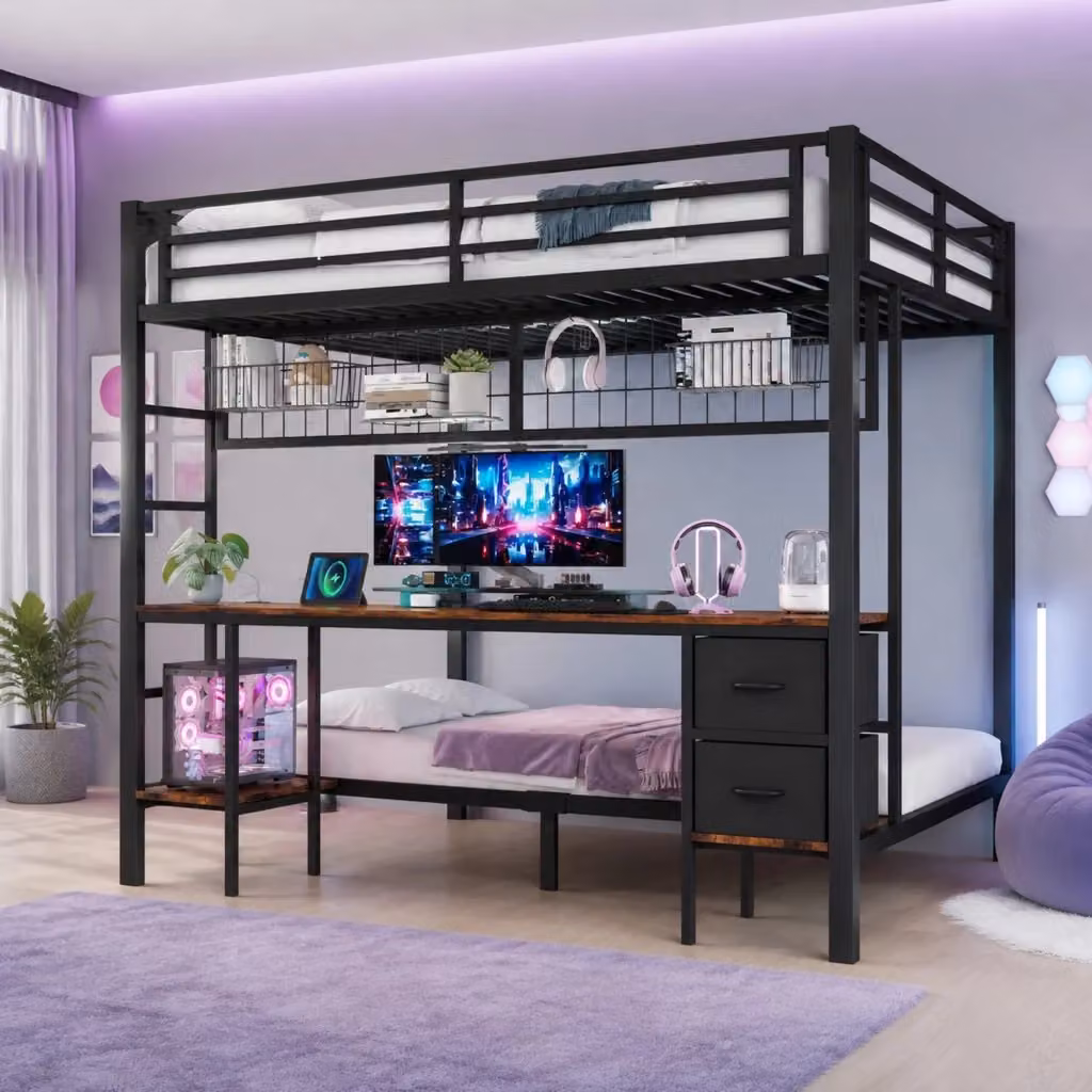 Letto a soppalco MIVRAY nero con scrivania, cassetti, ripiani, luce LED a 7 colori e porta USB in metallo e MDF, L/P/H: 204 x 140 x 145 cm – 2