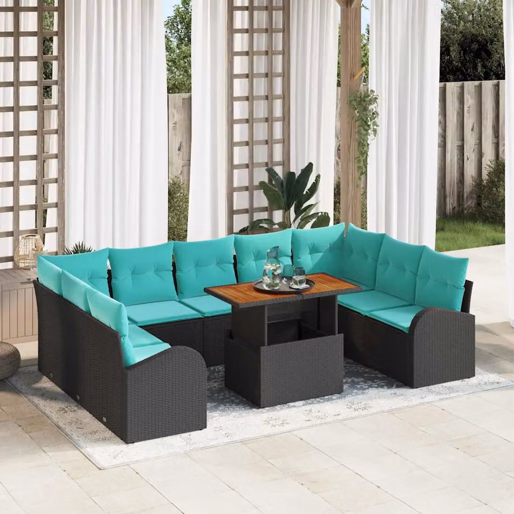 Set Divano da Giardino a Forma a U vidaXL in Rattan con Tavolino e Cuscini, Nero e Turchese