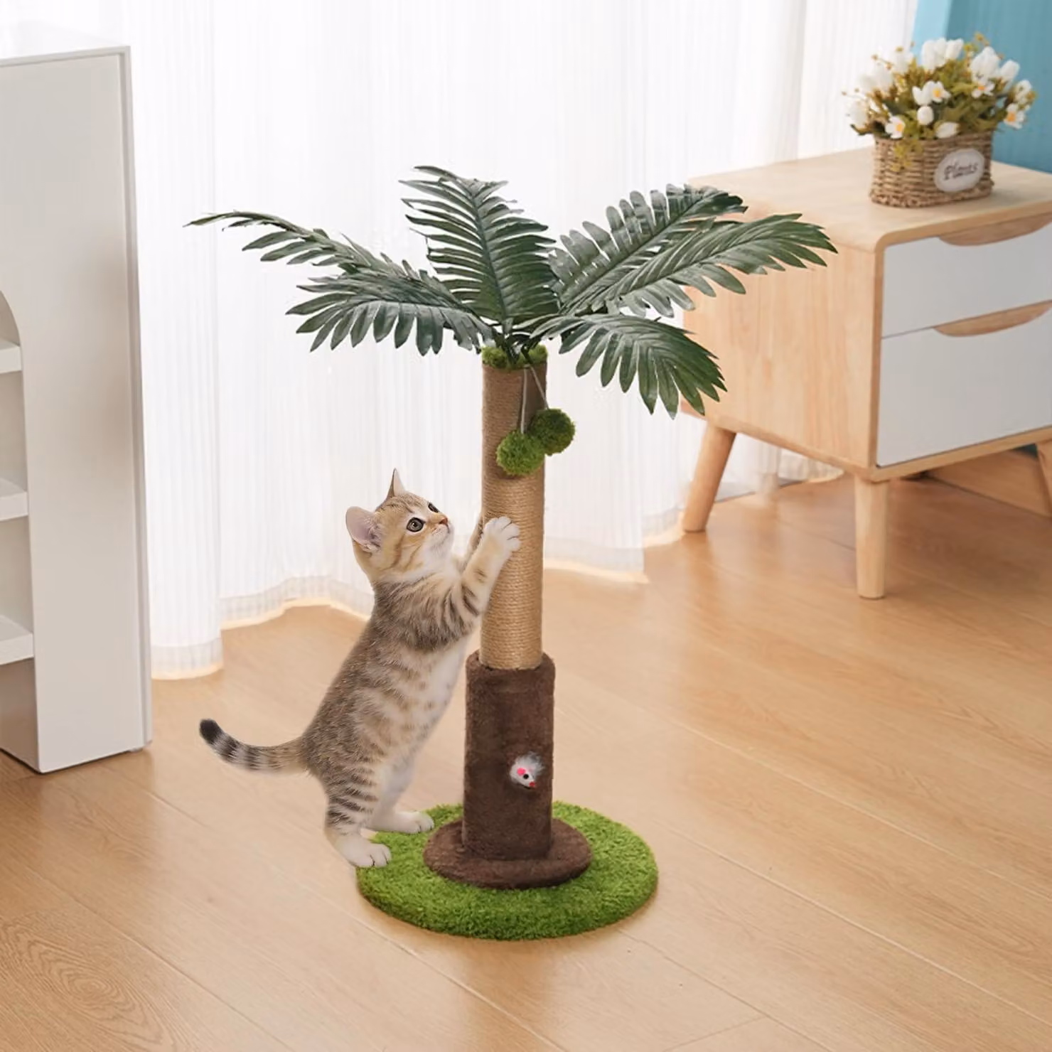 Albero per gatti in sisal, altezza 56 cm, con palline appese, ideale per far grattare i gatti
