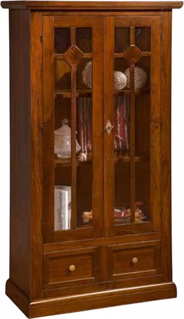 Vetrina Mobili 2G in legno con 2 ante in vetro e 2 cassetti, stile arte povera, colore noce, L: 81 cm, P: 42 cm, H: 153 cm