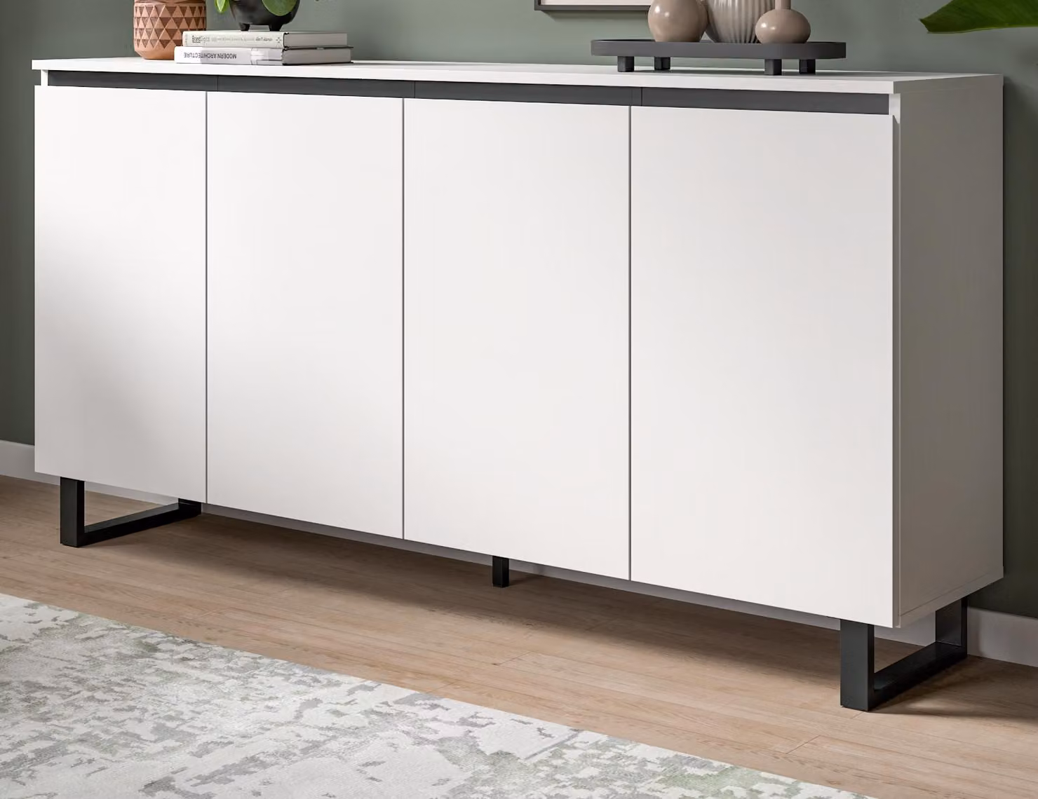 Credenza "Gelia" bianca con cassettiera nera, 160 x 84 cm, chiusura ammortizzata