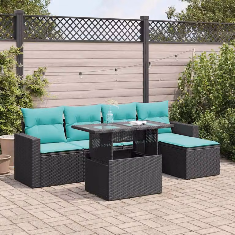 Set Divano da Giardino vidaXL 6 pz in Polyrattan con Cuscini e Tavolino, Forma a L, Colore Nero e Blu
