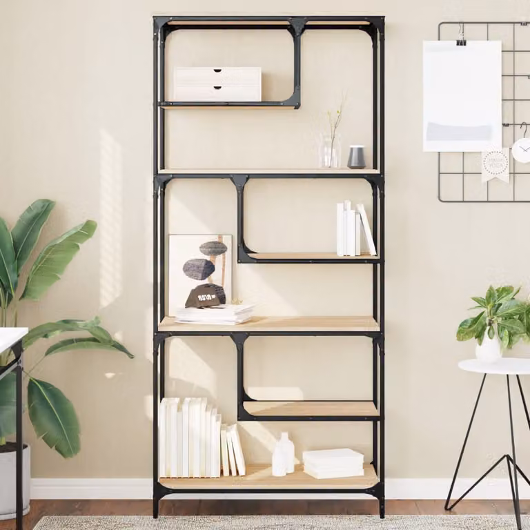 Libreria vidaXL in stile industriale con design geometrico, colore marrone, realizzata in legno e metallo, L 81 cm x P 36 cm x H 176 cm