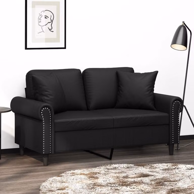 vidaXL Divano a 2 Posti Moderno in Similpelle Nera con Cuscini e Struttura in Metallo L: 152 cm, P: 80 cm, H: 77 cm