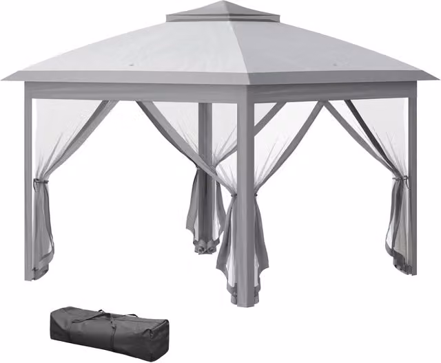 Gazebo da Giardino Pieghevole ¨C zephmum ¨C Grigio 3.3x3.3x2.8 m con Zanzariere