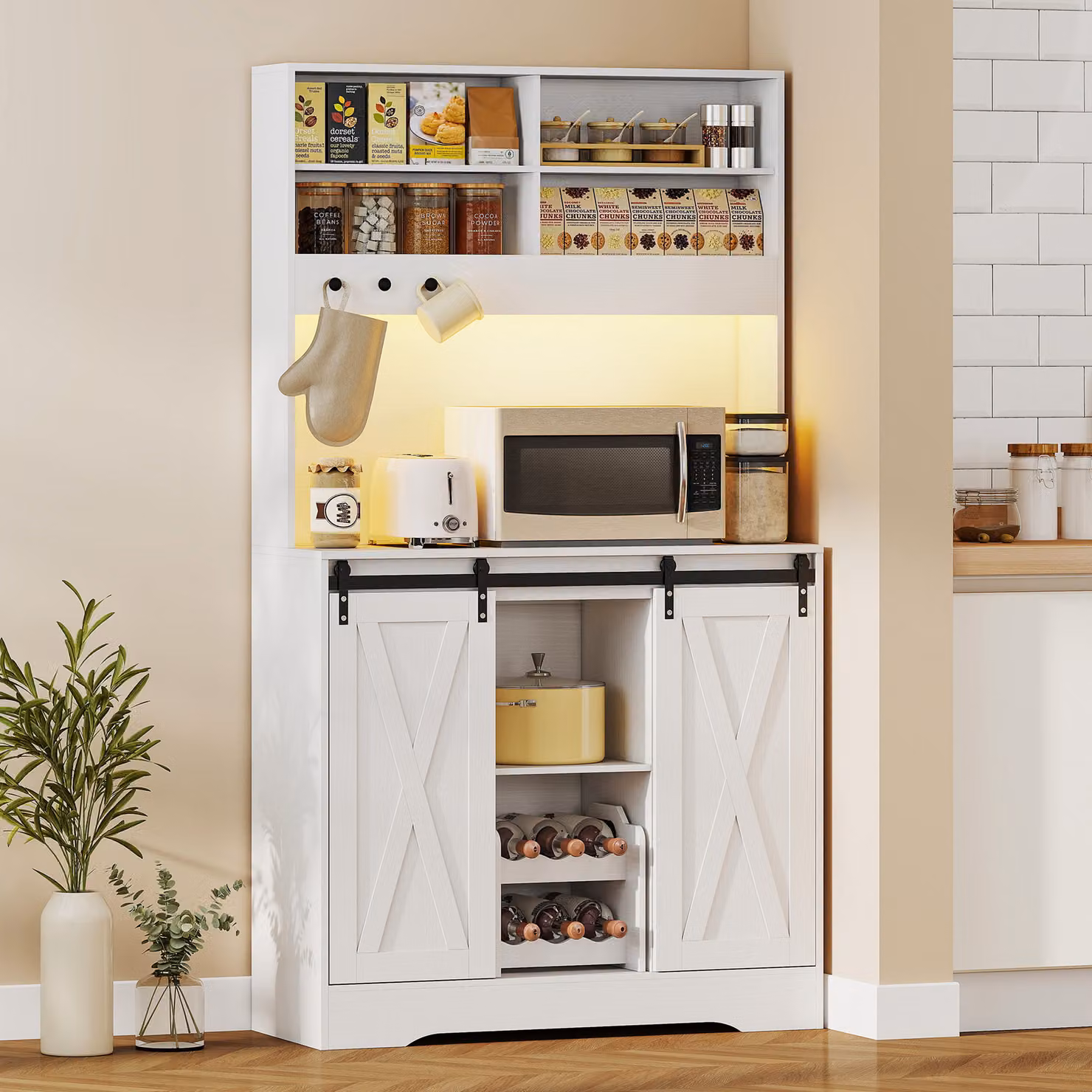 Credenza Cucina HOMCOM Bianca con Ante Scorrevoli, Luce LED, Portabottiglie e Prese Elettriche, L/P/H: 100 x 38 x 180 cm – 2