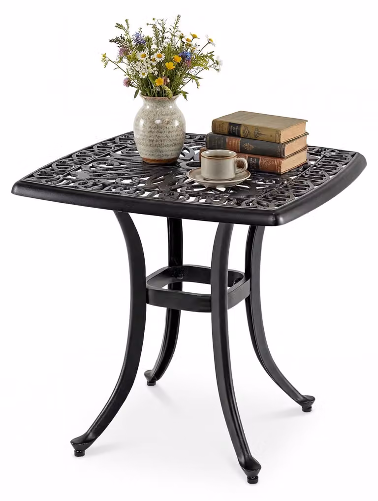 Tavolo da giardino KOMFOTTEU, tavolino ausiliario, tavolo quadrato da bistrot in alluminio pressofuso con foro per ombrellone, piccolo tavolino da esterno resistente alle intemperie, ideale per giardino, terrazza e balcone