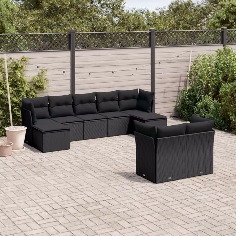 vidaXL Set Divani da Giardino 9 pz con Cuscini Nero in Polyrattan e Acciaio