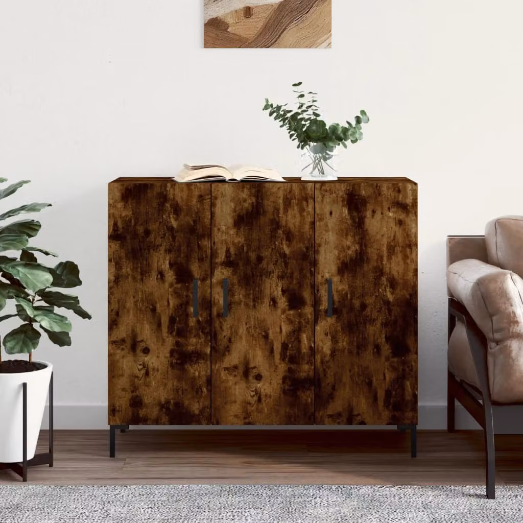 Credenza moderna vidaXL in legno Rovere Fumo, colore marrone, L: 90 cm, P: 34 cm, H: 80 cm