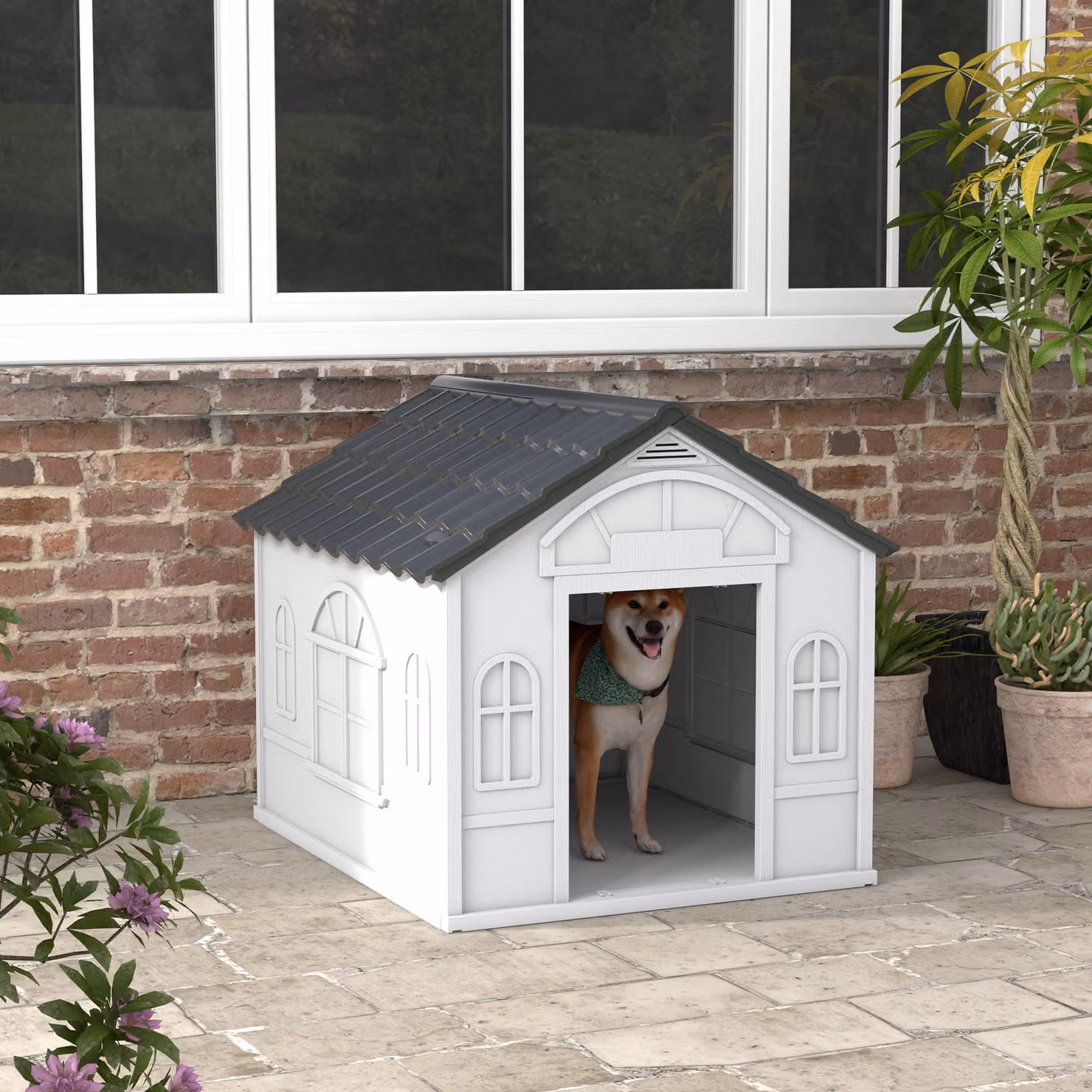 Casetta per cani PawHut in plastica impermeabile con tetto inclinato e porta di ingresso, Grigio e Bianco, L: 98.2 cm, P: 84.2 cm, H: 82 cm – 2