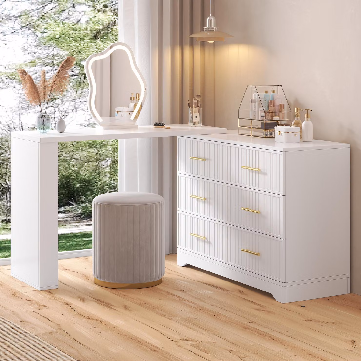 Tavolino da trucco 2-in-1 con piano girevole, tavolo da trucco con luci LED e 6 cassetti, mobiletto per soggiorno o camera da letto, bianco