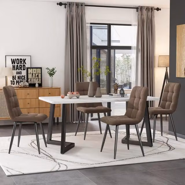 Set tavolo da pranzo 117x68 cm con 4 sedie in velluto marrone