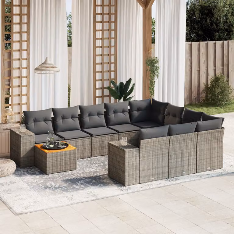 Set di divani da giardino vidaXL 11 pz in polyrattan grigio con cuscini e tavolino da esterno a forma di L
