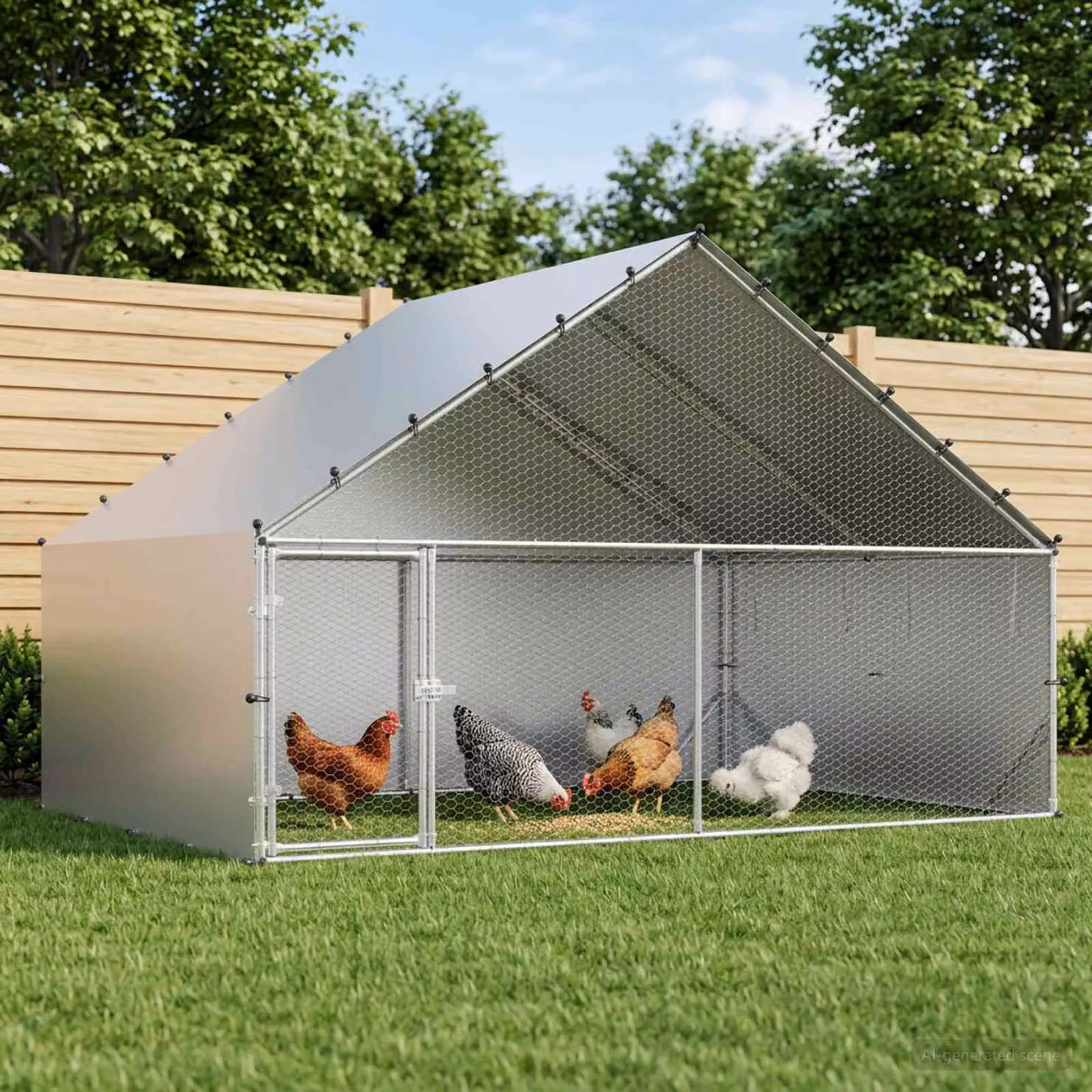 Pollaio con tetto vidaXL in acciaio zincato e alluminio, Argento, L 300 x P 200 x H 190 cm