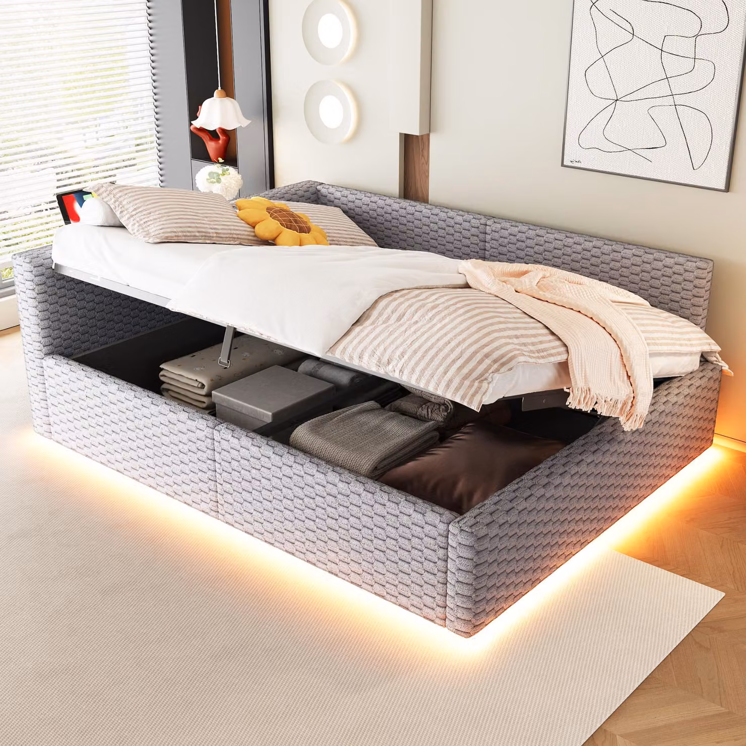 Letto imbottito STILVORA, 140x200 cm, con illuminazione LED e prese USB/Type-C, contenitore con sistema di sollevamento idraulico, testiera a forma di L rivestita in velluto, completo di materasso, colore grigio
