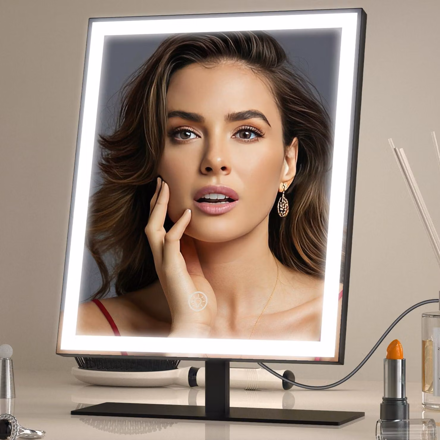 Specchio da trucco a LED, 3 modalità di illuminazione, dimmerabile, colore nero, controllo touch