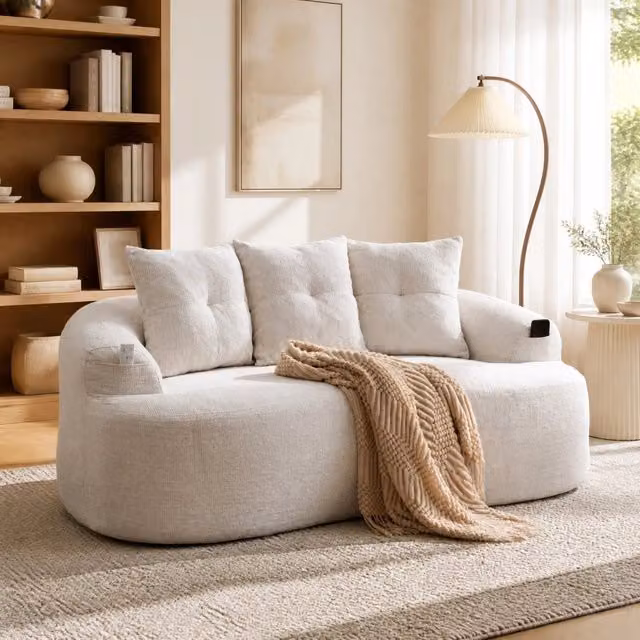 Divano 2 Posti in Chenille 164x92x60 cm con Seduta Profonda e Imbottitura in Schiuma e Molle; Beige; per Soggiorno