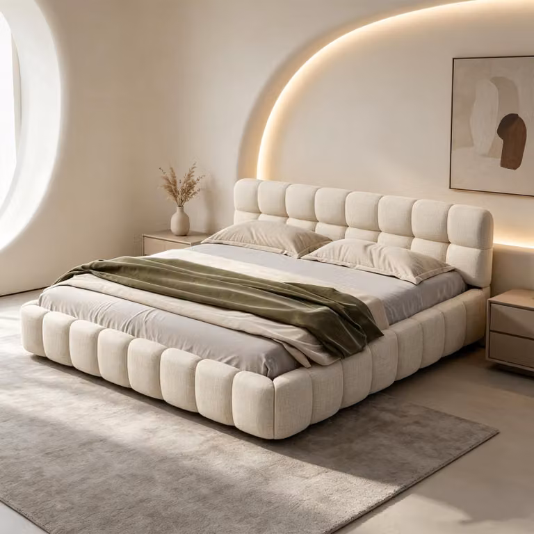 INONEFT Bubble Bett: Letto imbottito a baldacchino, 140x190 cm, letto matrimoniale con testiera imbottita, letto per ragazzi con rete a doghe e schienale, design basso, colore lino, beige