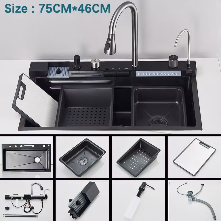 Lavello da cucina – Lavello da incasso, vasca singola, modello "waterfall" – Acciaio inossidabile 304 – Display digitale – Miscelatore a comando touch – Forma rettangolare – Colore grigio 201