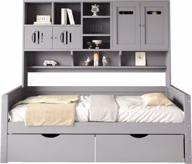 Letto singolo 90x200 cm con cassetti e vani contenitore in pino; compensato e MDF grigio
