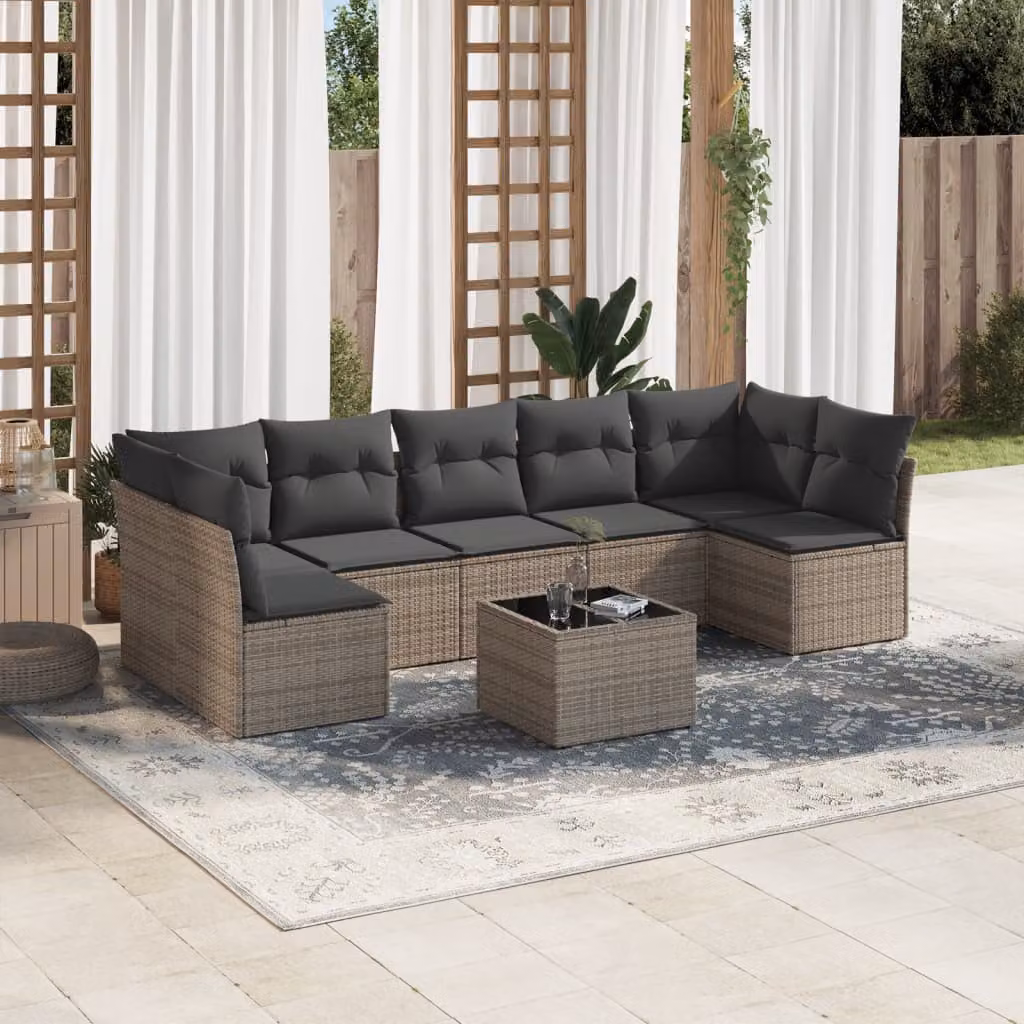 vidaXL Set Divano da Giardino 8 pz a Forma a L con Cuscini Grigio in Polyrattan e Tavolino in Vetro – 1