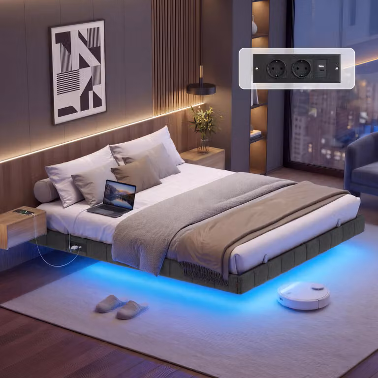VASAGLE, struttura letto 160 x 200 cm, effetto sospeso, illuminazione LED