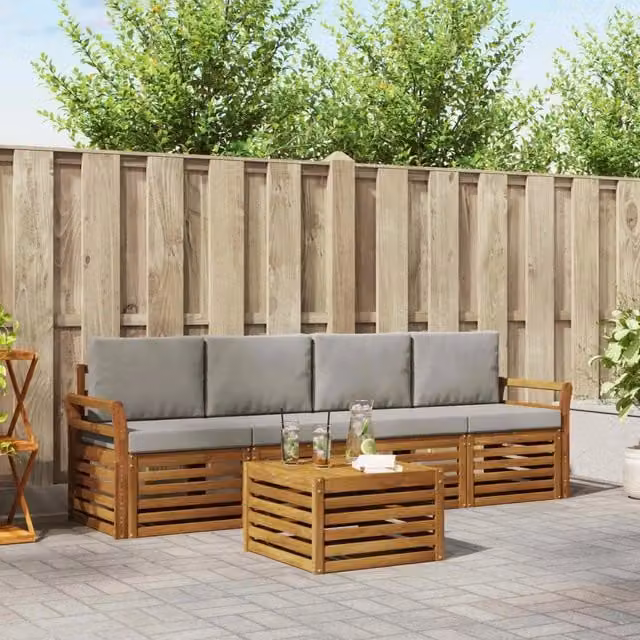 Set di mobili da giardino vidaXL composto da divano a 3 posti, poltrone e tavolino da caffè in legno di acacia con cuscini beige e grigi – 1