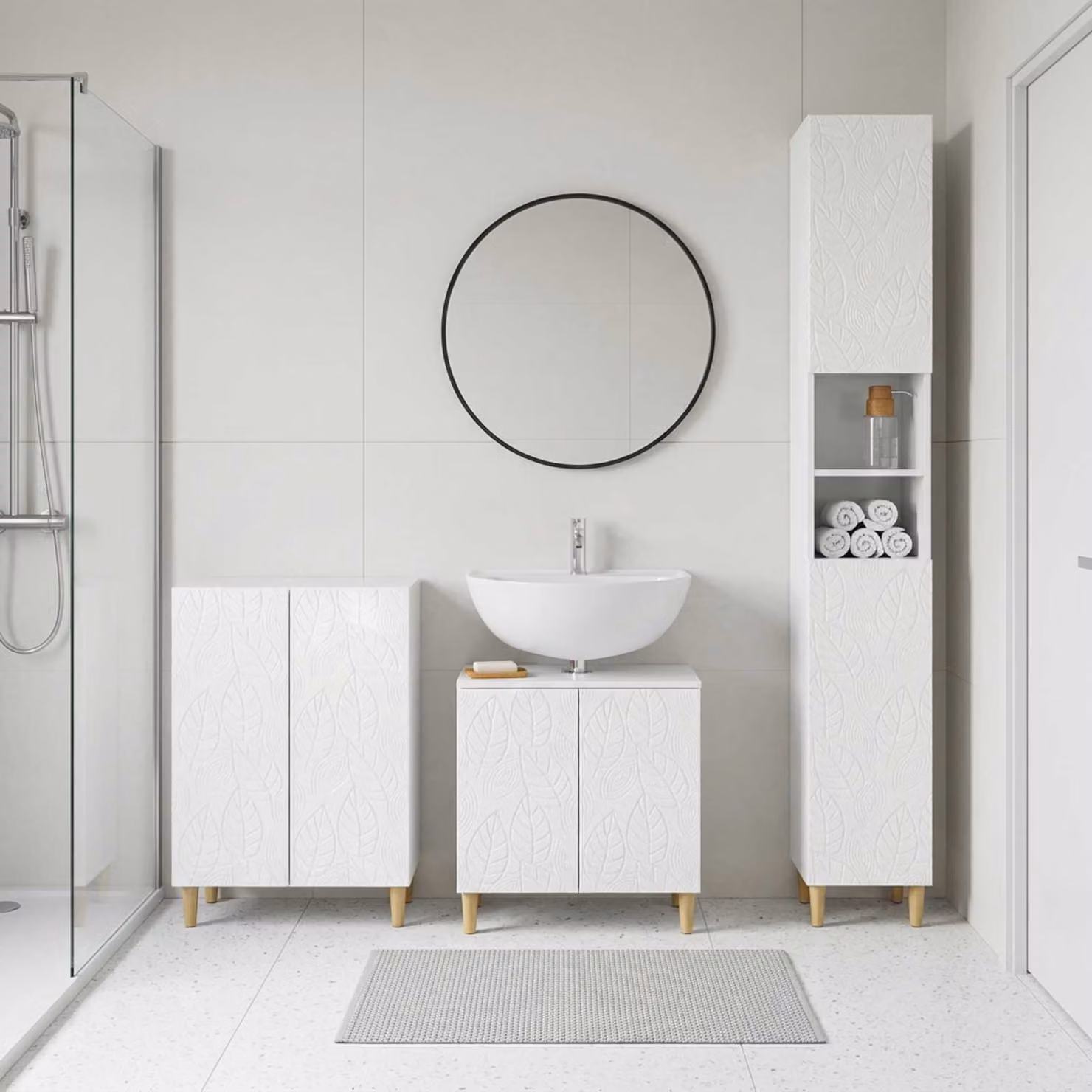 Set di armadietti da bagno moderni vidaXL DELFT in 3 pezzi Bianco Lucido L/P/H: 52.18 x 30.0 x 190.0 cm