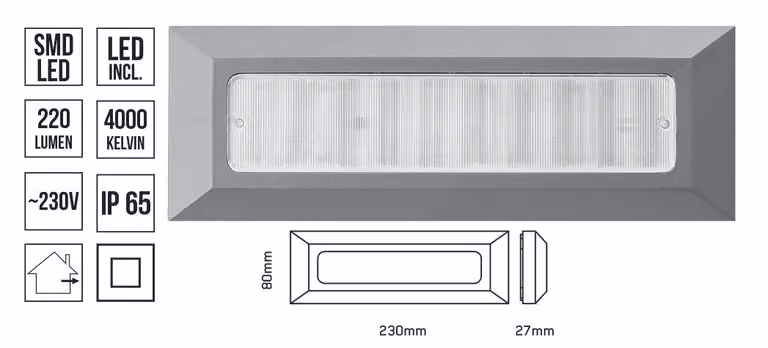 Applique LED RADIX 4W,4000K,IP65, grigio L: 230, L: 27, H: 80, attacco SMD LED