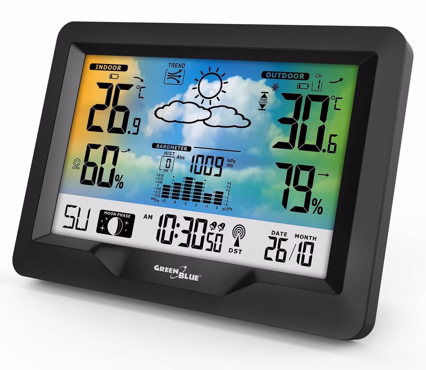 Stazione meteorologica con display a colori, tecnologia DCF, indicazione delle fasi lunari, barometro e calendario