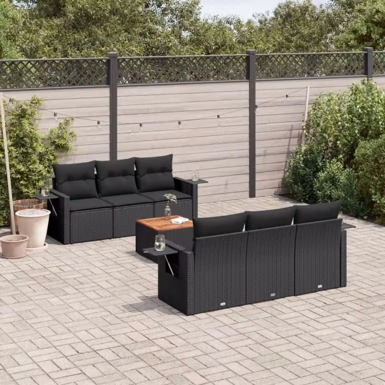 vidaXL Set Divani da Giardino in Polyrattan Nero con Cuscini e Tavolino da 7 Pezzi