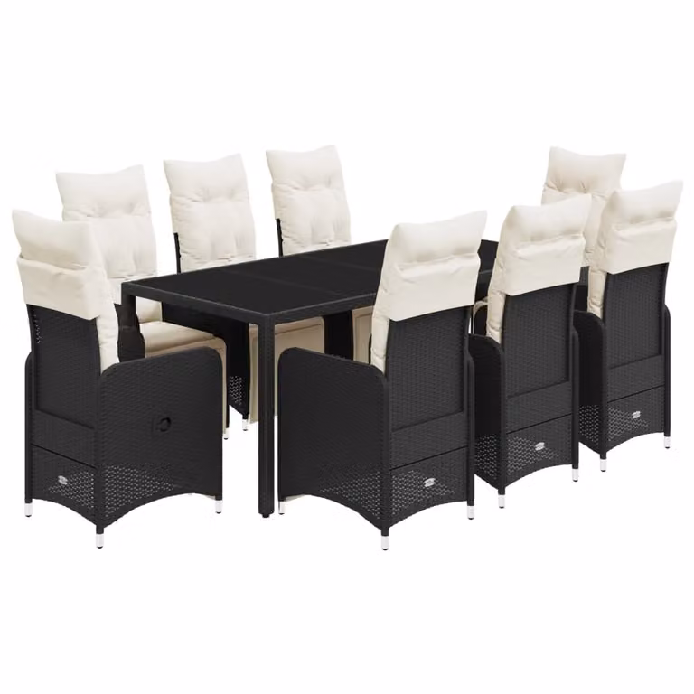 Set Bistrò da Giardino 9 pz con Cuscini in Polyrattan Nero