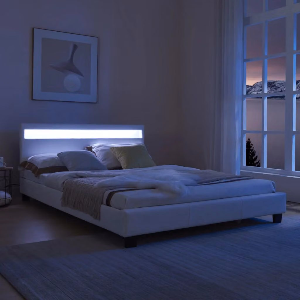 Letto Francese Imbottito Corium Bianco con Testiera Alta, Illuminazione LED e Cassetti L/P/H: 140 x 200 x 210 cm – 2