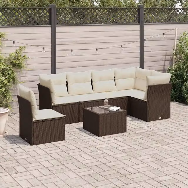 Set Divani da Giardino 7 pz con Cuscini Marrone in Polyrattan 3249552
