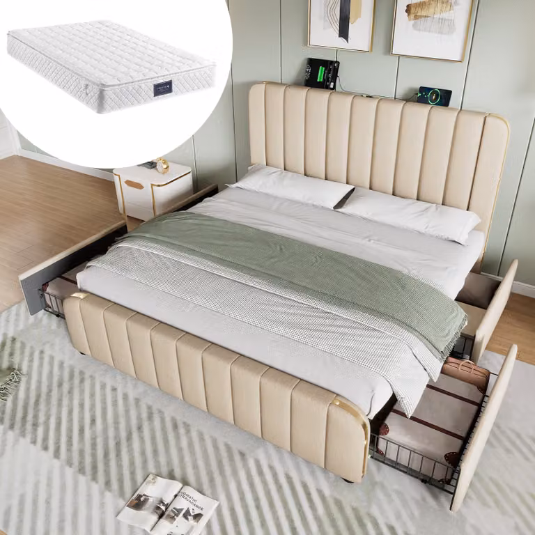 letto imbottito okwish letto matrimoniale 160 x 200 cm con testata imbottita con finiture dorate e funzione di ricarica USB type-C, letto contenitore funzionale con 4 cassetti (con materasso) - Beige