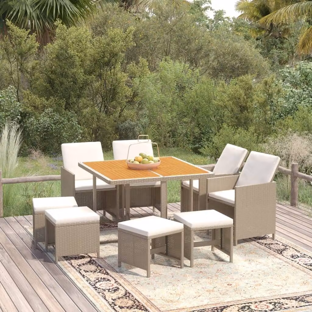 The Living Store Set da pranzo da giardino 9 pezzi con cuscini in poly rattan beige