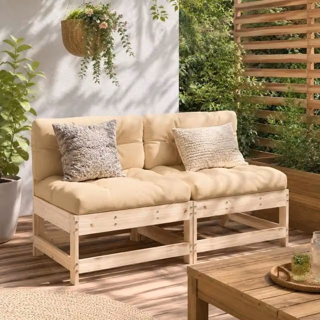 Middle Sofas With Cushions, 2 Pieces, Solid Pine Wood