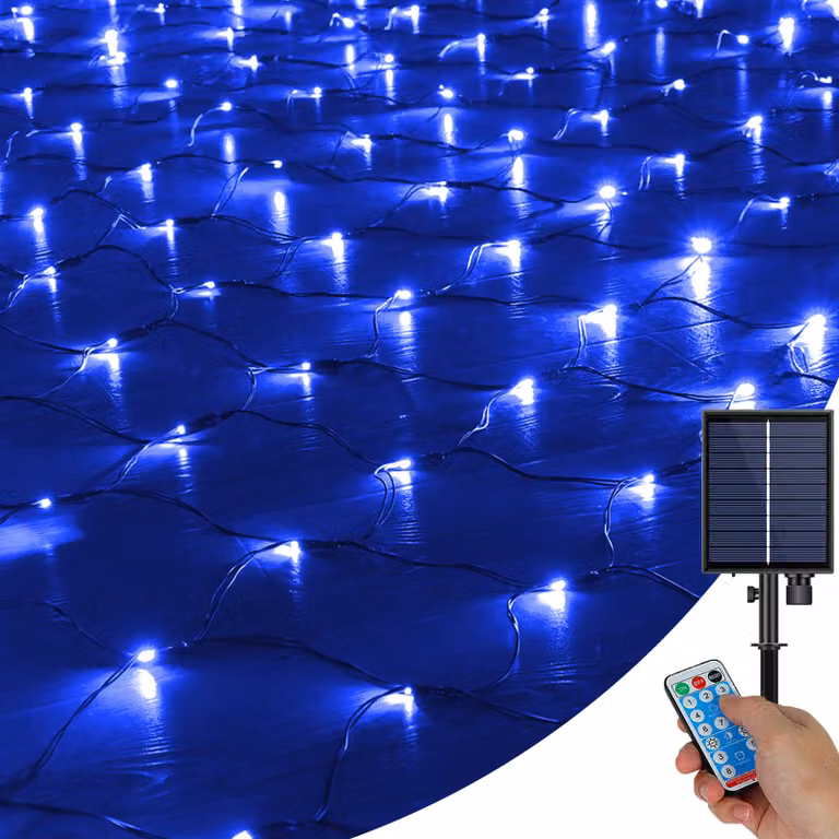 Fata solare luci tenda luminosa con timer telecomando festa di Natale giardino decorazione esterna interna, dimensioni: 1,5 M x 1,5 M, colore: blu