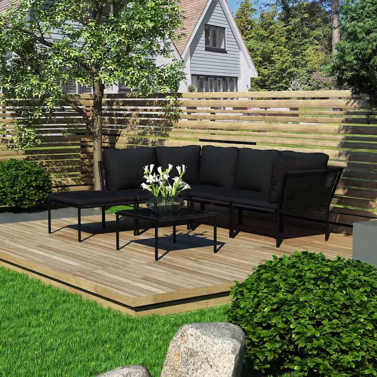 Set da giardino moderno vidaXL composto da 6 pezzi con divano a L, tavolino e cuscini in antracite e nero con struttura in acciaio verniciato a polvere