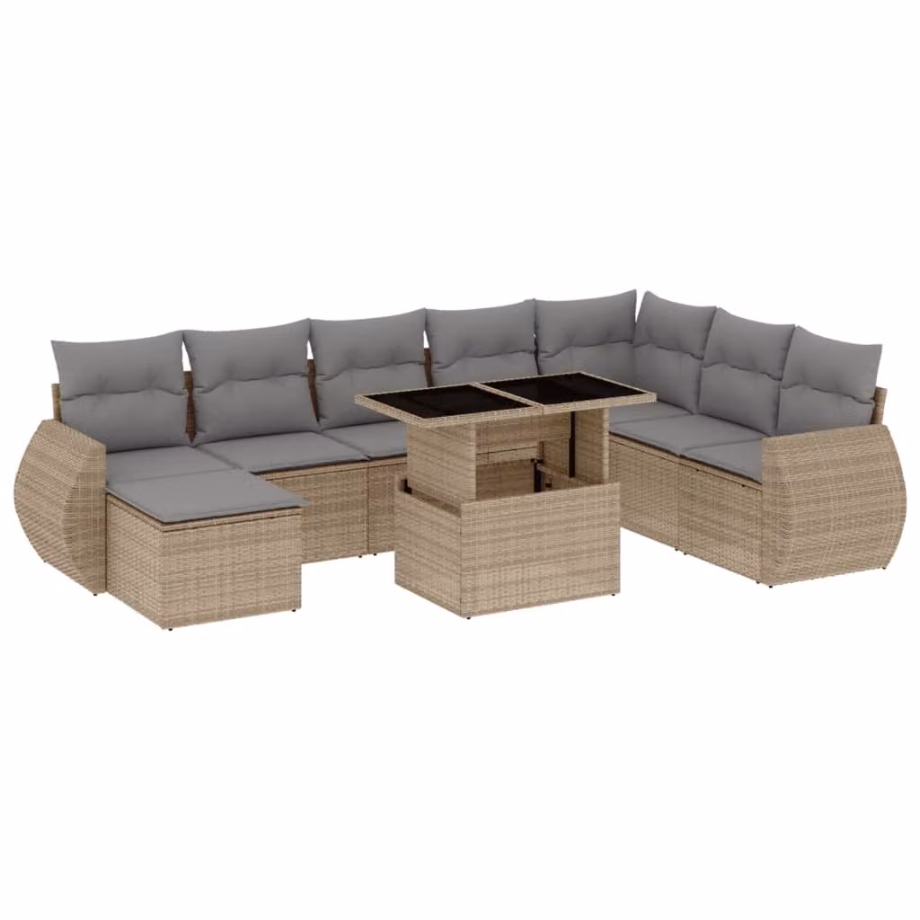 Set Divano da Giardino 9 pz con Cuscini Beige in Polyrattan