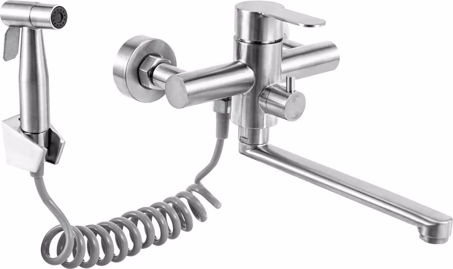 Rubinetto da cucina - Rubinetto a parete - Orientabile a 360° - 3 tipi di getto - Doccetta - Acciaio inossidabile 304 - Risparmio idrico - Argento