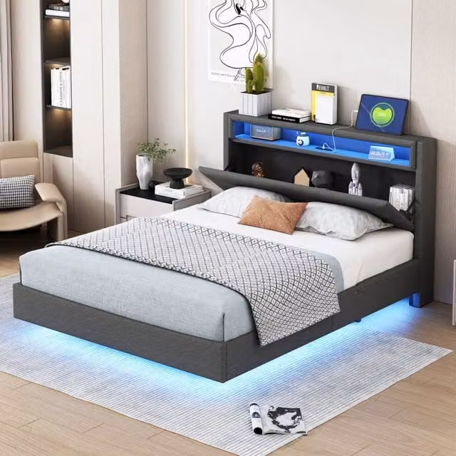 Letto matrimoniale 140×200 cm con USB, LED regolabili, testiera girevole, senza materasso, lino grigio