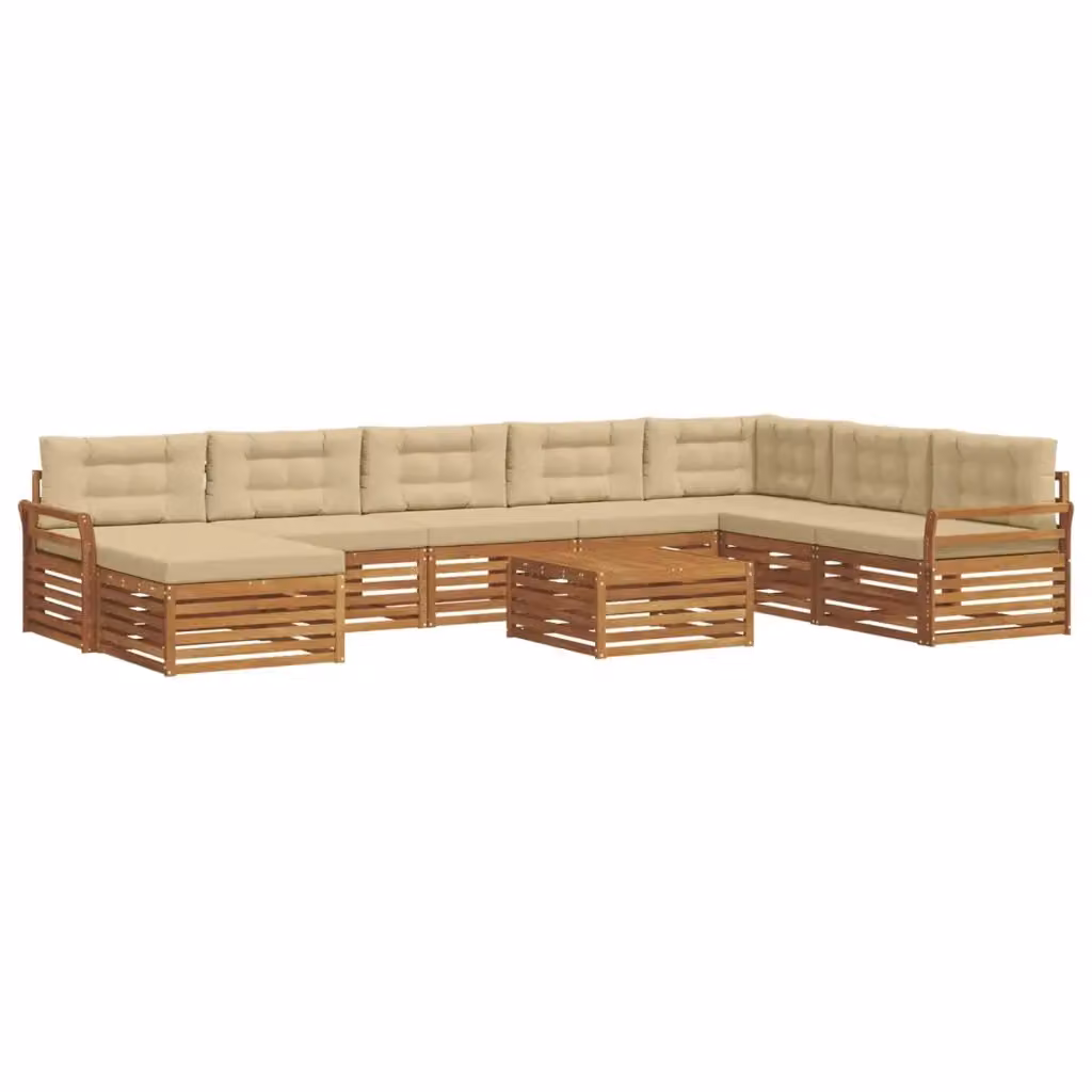 Set di divani da esterno a L vidaXL in legno di acacia con tavolo da caffè e pouf, Beige e Marrone – 2